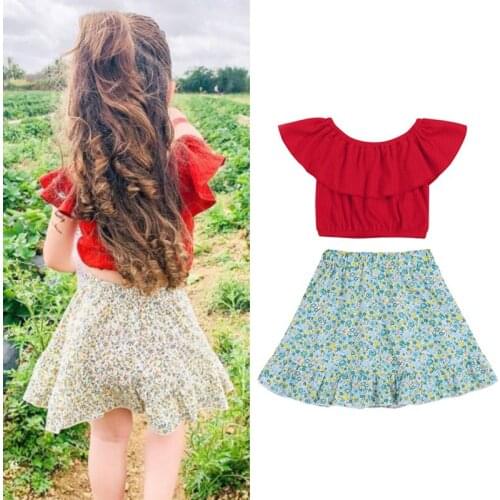 FOCUSNORM 1-6Y 2pcs Kids Girls Holiday Clothes Sets Ruffles Off Shoulder Solid T Shirts Floral A-Line Dress