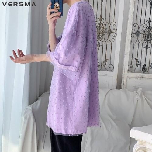 VERSMA Korean Harajuku Chic Fake Two Piece T-shirt Men Summer Oversized Mesh Stitch Unisex Purple Tshirt Men Women Dropshipping