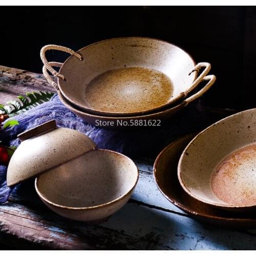 Japanese Style Handmade Ceramic Pottery Dish Home Retro with Hemp Rope Round Tray Large Soup Steak Salad Deep Dinner Plate