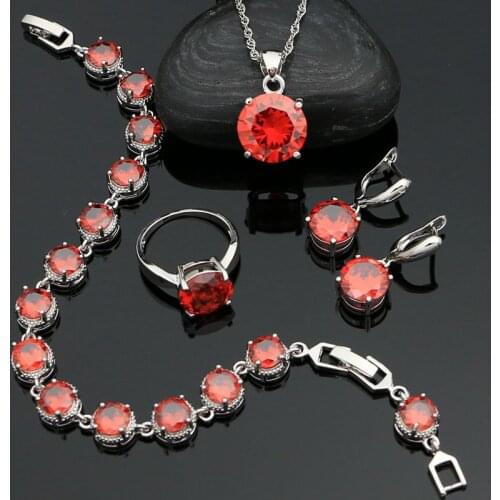 Glittering Garnet 925 Sterling Silver Jewelry Set Engagement Jewelry Earrings Pendant Chain Ring Bracelet Kit for Women