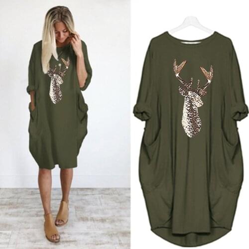 Fashion Women Print Pockets Dress Hoodie Loose Midi Solid Color Crew Neck Oversized Tunic Spring Female Vetidos