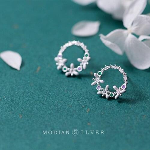 Modian Real 925 Sterling Silver Fashion Crystal Flower Stud Eearrings for Women Charm Classic Ear Pins Studs Fine Jewelry