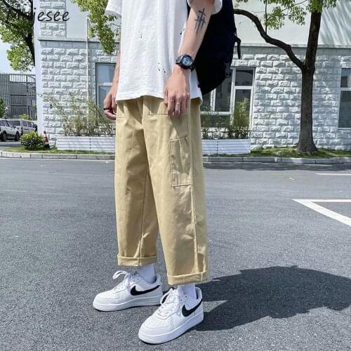 Men Casual Cargo Pants Ankle Length Straight Loose Wide Leg Pockets Male Daily Streetwear All-match Simple Summer Harajuku Chic