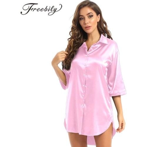 Women Top Shirts Satin Soft Comfortable Nightshirt Button Turn-Down Collar Nightgown Solid Blue Sleep Shirt Nightdress Sleepwear