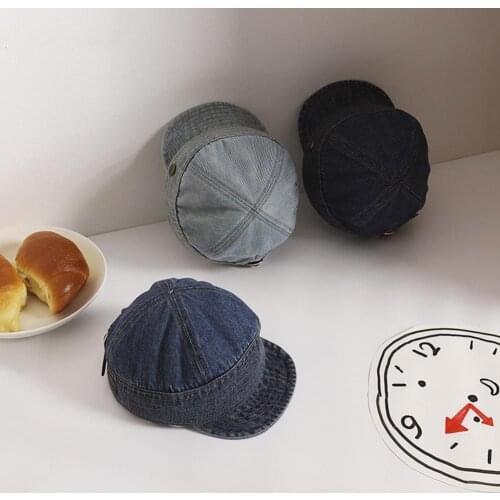 Flat Hat Plain Adjustable Denim Kids Beret Jean Hat for Daily Wear