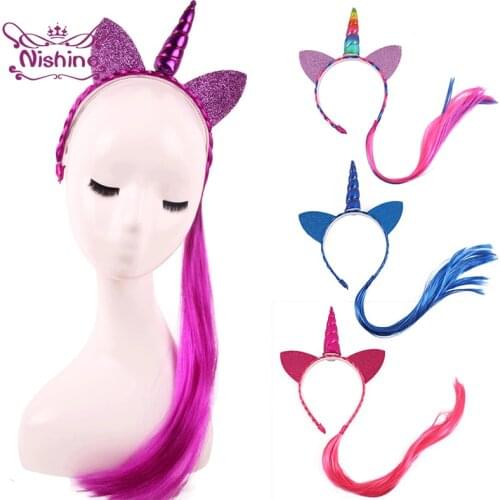 Nishine Rainbow Color Ponytail Unicorn Horn Headbands Glitter Ears Kids Girls Princess Braid Wig Hair Bands Headwear Accessories