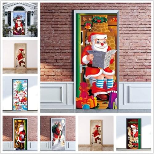 Christmas Stickers on the Doors PVC Peel and Stick Wallpaper Home Design Waterproof Poster Santa Claus Wall Decals deursticker