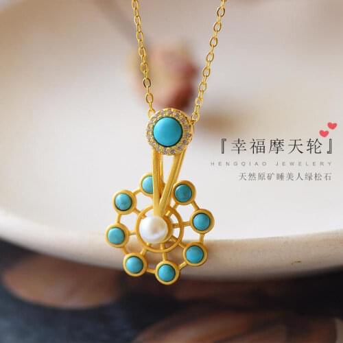 Happy Ferris Wheel Natural Raw Ore Turquoise Pendant Womens Sterling Silver Necklace Fashion Design Clavicle Chain