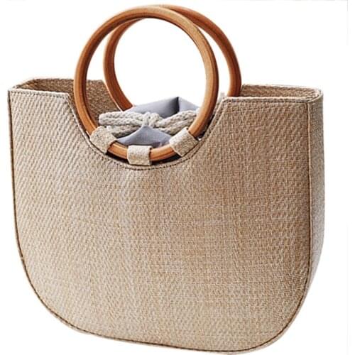 Rattan Bag Women Summer Straw Bag Fashion European And American Beach Bag Qoven Solid Wood Wild Shoulder Messenger Bag(B Khaki