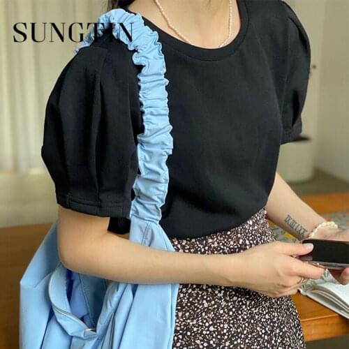 Sungtin Puff Sleeve White Solid O Neck Short Woman Loose Basis T Shirts Korean Chic Tops Vintage Elegant Female Summer 3 Colors