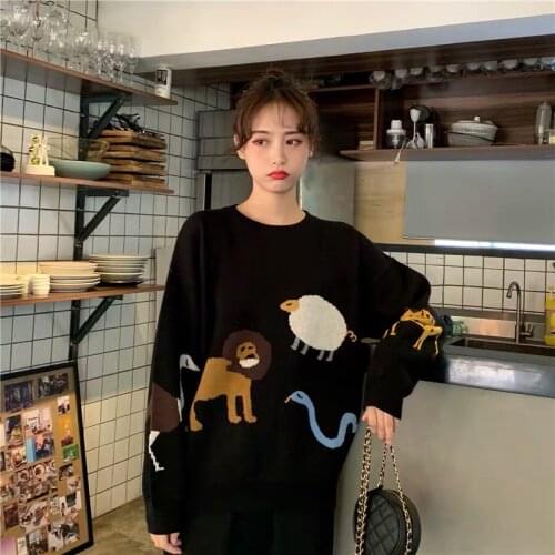 Animal Oversize Black Sweater Female O-neck Long Sleeve Vintage Pullover Female Autumn Fashion Loose Tops