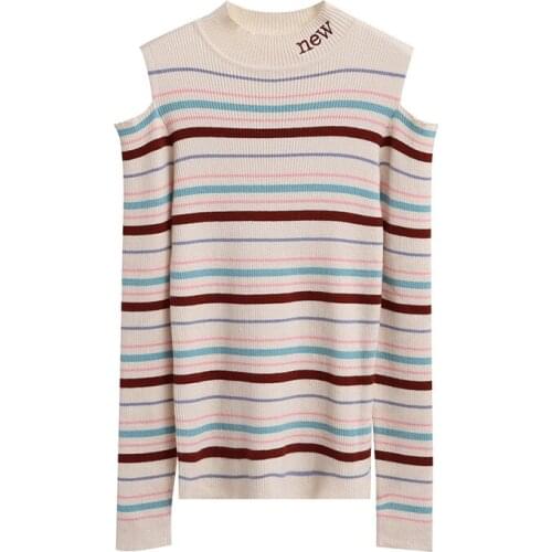 Knitted Sweater Sexy Trendy Women clothes Long Sleeve Knitted One Shoulder Sweater solid Turtle Neck pullover Clothing stripe