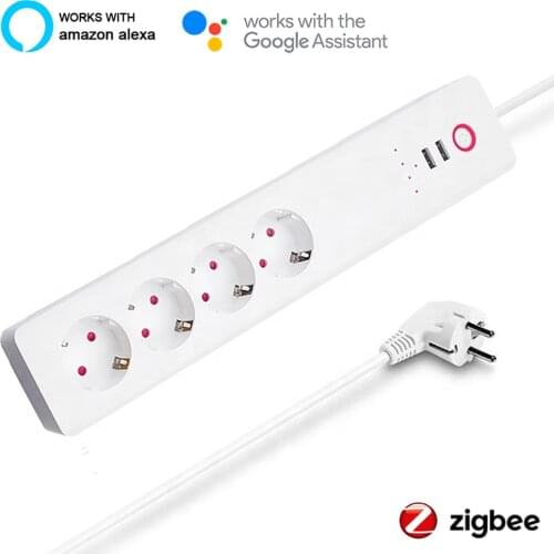 Tuya Zigbee EU Socket 16A Smart Power Strip Bar Plug Extension Cord with 4 AC Plugs and 2 USB Work with Alexa Google Assistant