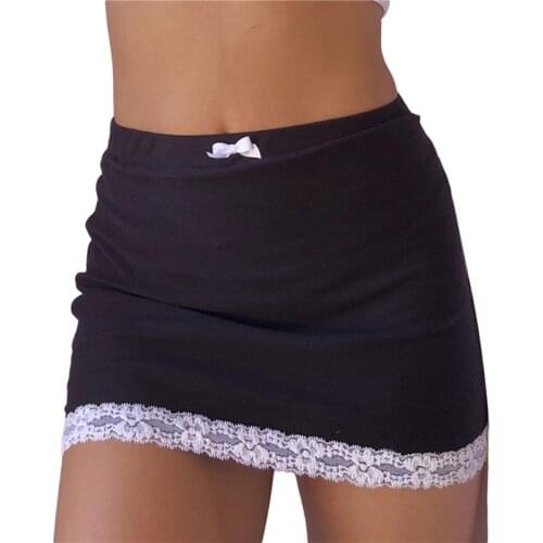2020 Fashion Women Casual Skinny Skirt Black Elastic Waist Lace Hem Close-fitting Summer Slim Fitting Skirts Bowknot Buttoms