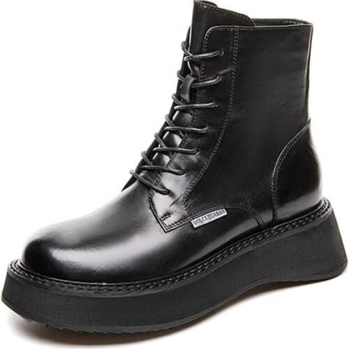 High Quality Genuine Leather Chunky Motorcycle Boots for Women Fashion Round Toe Lace-up Combat Boots Ladies Shoes Lolita Shoes
