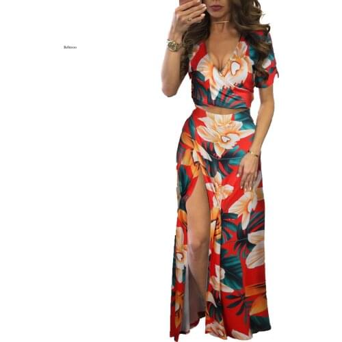 Women Elegant Summer Long Skirt Set Bohemian Style Sexy Hollow Out Crop Top Skirts Floral Print V-Neck Women Beach Dress