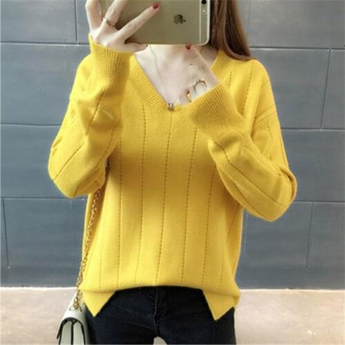 2021 Spring and Autumn Sweater Womens V-neck Long Sleeve Knitted Pullovers Solid Color Loose Womens Pull Bottoming Tops W244