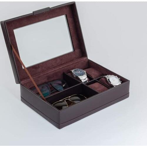 4 Watches and 2 Glasses Box. Mens Accessories Case - Watches Box. Handmade in synthetic leather