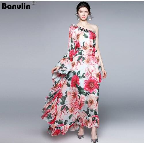 Banulin Summer Holiday Party Boho Maxi Dress Womens One shoulder Chiffon Floral Print Ruffles Loose Sashes Elegant Long Dress