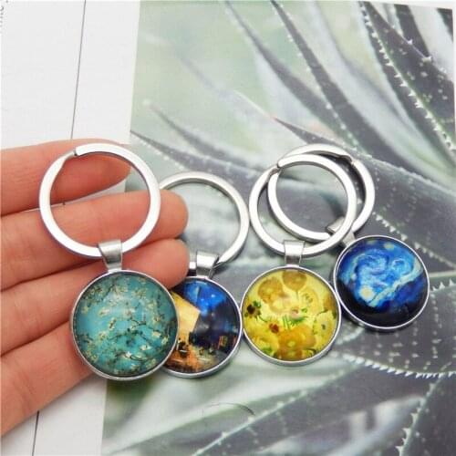 Julie Wang Van Gogh Art Keychain Round Glass Starry Night Sun Flower Painting Cabochons Key Chain Keyring