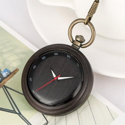 Vintage Black Simple Dial Red Seconds Ebony Wood Pocket Clock Bronze Fob Creative New Wooden Quartz Pocket Watch Luminous Hands
