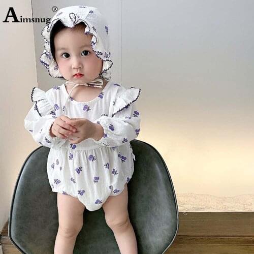 Chidren Toddler Rompers With Hat Baby Girls Princess Bodysuits Long Sleeve Ruffled Tops Sweet Print Romper Kids Clothing 2021