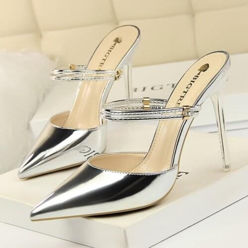 Womens high-heeled shoes slim high-heeled sexy show thin shallow mouth pointed water drill button one word belt slipper
