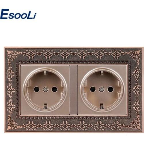 Esooli 16A Russia Spain Double EU Standard Power Socket 4D Embossing Retro Zinc Alloy Metal Panel Wall Electrical Outlet 146