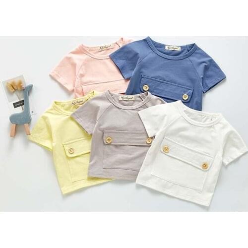 Baby Boy Girl T-shirt Summer Cotton Infant Big Pocket Candy Color Short Sleeve Top Baby Clothes