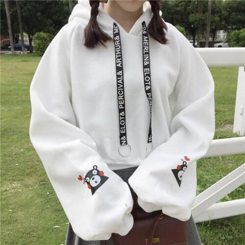 Harajuku Fashion Winter Women Hoodies Cute Bear Print Girls Hoodies Loose Plus Velvet Hooded Sweatshirt Long Sleeve Pullovers