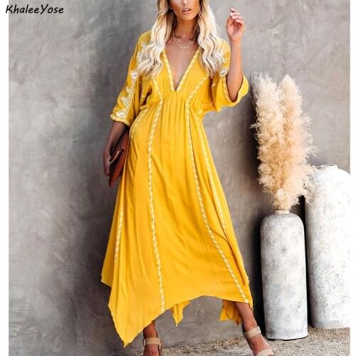 KHALEE YOSE Floral Embroidery Maxi Dress Yellow Summer Boho Dress Vintage Sexy Deep V Women Holiday Irregular Dresses 2021 New