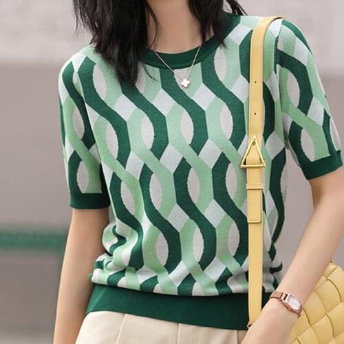 LJSXLS Womens Knitted Sweater 2021 Summer Vintage Striped O-Neck Top Contrast Color Short Sleeve Lady Pullover Knitwear Clothes