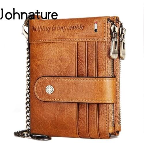 Johnature Rfid Men Wallet 2020 New Double Zipper Genuine Leather Vintage Anti Theft Short Wallets Card Holder Man Coin Purse
