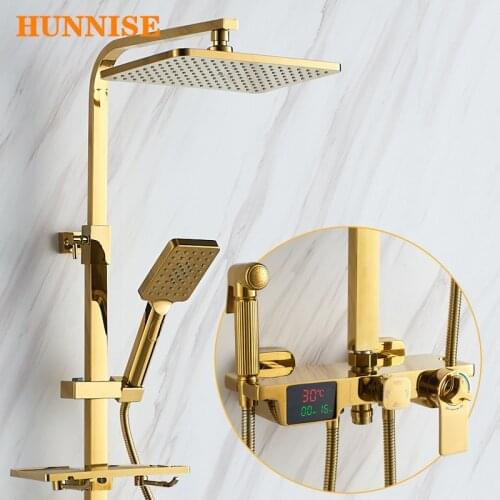 Bathroom Shower Set HUNNISE Digital Shower System Rainfall Shower Head Brass Bathtub Faucet Gold Thermostatic Shower Mixer Set