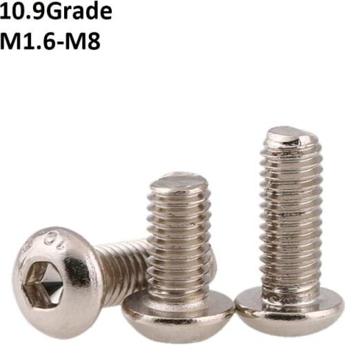 NI-plated Grade 10.9 Carbon Steel Button Head Screws Hex Hexagon Socket Round Head Screw Bolts M1.6-M8 DIN7380