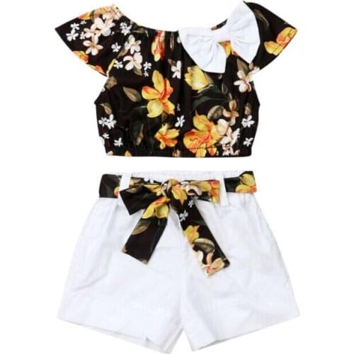1-5Y 2Pcs Toddler Kids Baby Girls Casual Outfits Clothes Sets Bow Floral Print Tops Shorts Pants