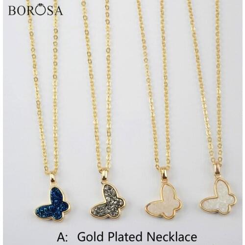 BOROSA 5Pcs Natural Agates Druzy Butterfly Necklace Fashion Gold Silver Plated Chain Necklace for Women WX1365-N