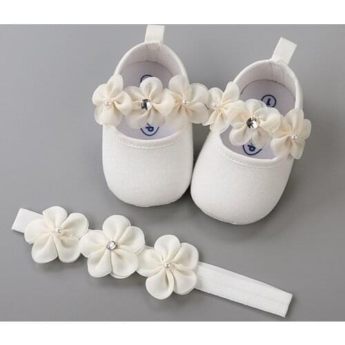 Headband Cotton Soft Sole Flower Shoes Set For Newborn Baby Girl Christening bed Shoes Baptism Fille Cute Ivory First Walkers