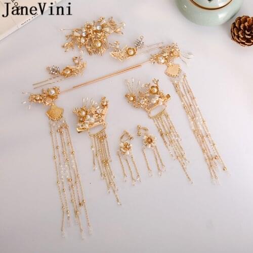 JaneVini Luxury Gold Bride Hair Pins Ancient Chinese Style Bridal Hair Sticks Pearls Crystal Floral Wedding Jewelry Earrings Set