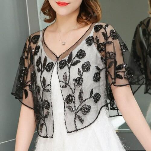Summer Fashion Floral Beading Short Open Stitch Batwing Sleeve Thin Vintage Black Silver Gold Plus Size Women Sequin shawl 9928