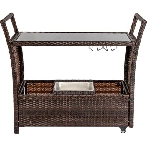 Outdoor Patio Wicker Rattan Serving Bar Cart with Ice Bucket Wine Rack Brown Garden Chair Outdoor Furniture Steel Wicker Modern