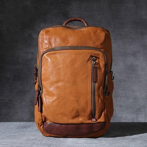 Vintage Oxhide Top Layer Cow Leather Shoulder Bag Handmade Head Leather Backpack Cowhide Mens Computer Bag