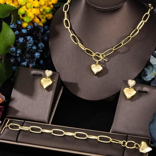 High Quality Trendy Sparkly Vintage golden heart pendant Necklace Bangle Earrings Ring Jewelry Set Brides Wedding Jewellery