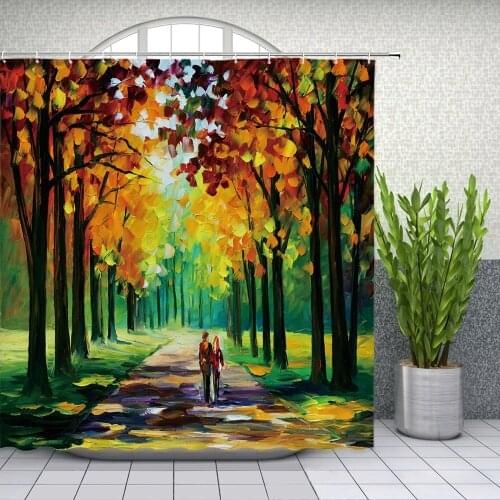 Oil Painting Shower Curtain Autumn Landscape Pattern Bathroom Decor Waterproof Polyester Cloth Bath Curtains Set With Hooks