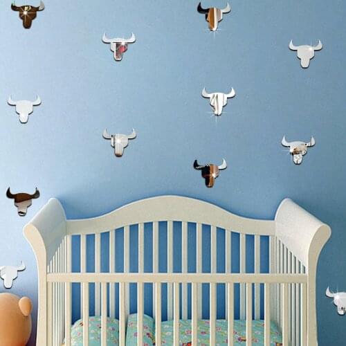 DIY 3D Mirror Acrylic Wall Stickers Creative Decals Bull Shape Self Adhesive Home Decor Stickers For Living Room Wall Decor