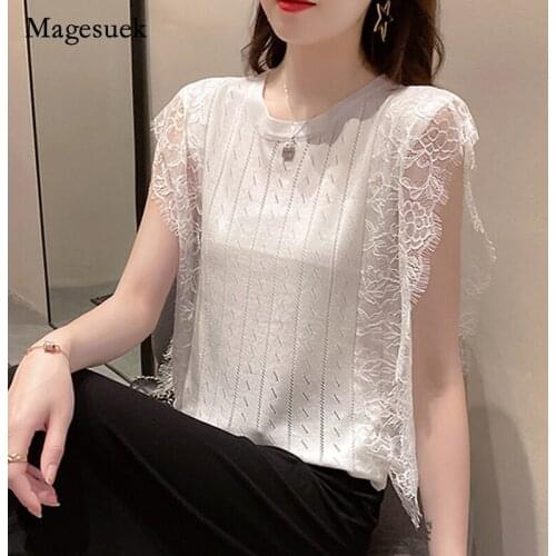 Summer Ice Silk Blouse for Women Solid Lace Cotton Knitted Sleeveless Top Elegant Casual Office Lady Loose Blouse Blusa 15597