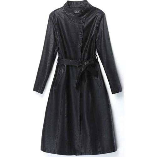 Women Fall Stylish black Faux Leather Long Jackets Elegant Trench Coat Korean Clothing Female Streetwear PU Leather Windbreaker