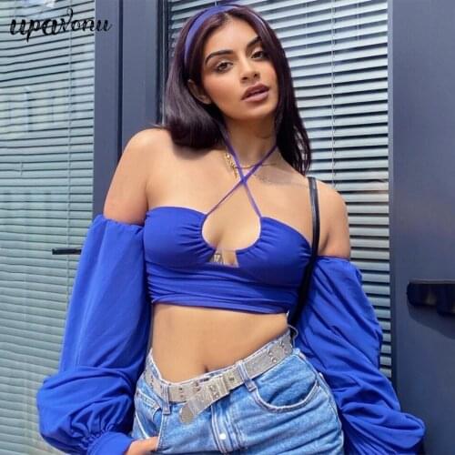Free Shipping Sexy Halter Crop Top Womens Summer Strapless Lantern Long Sleeve Pleated Hollow Crop Top Fashion 2021 Short Top