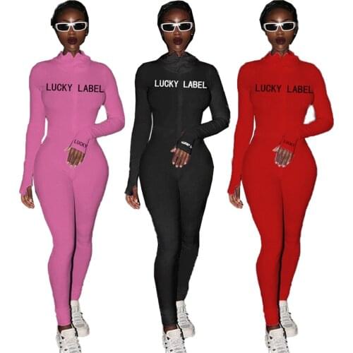 Lucky Label Zipper Knitted Long Jumpsuit Women Sexy Skinny Long Rompers Bodysuit Autumn Spring Clothes Casual Streetwear 2021
