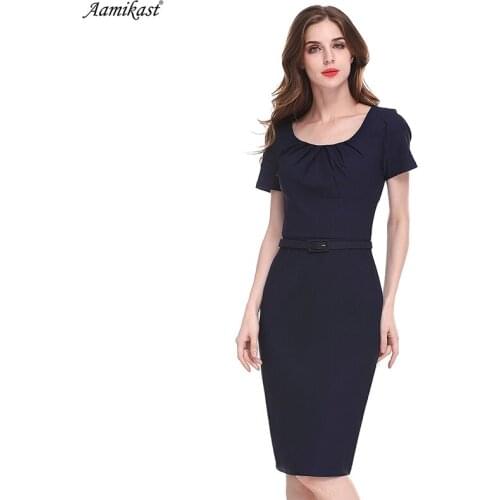 2019 Womens Elegant Short Sleevele Belted Wear To Work Office Business Party Casual Summer Bodycon Slim Fitted Pencil Dress